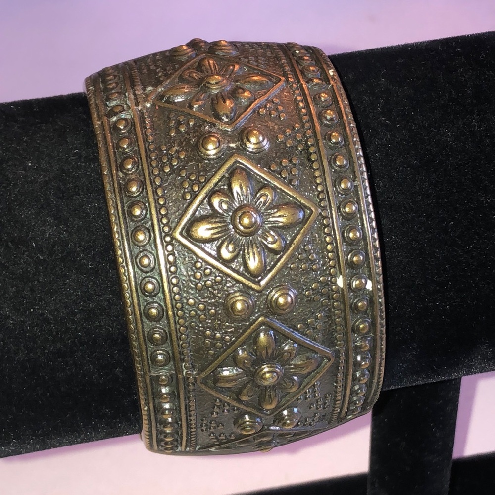 Ornate Floral Embossed Metal Cuff Bracelet - Brass Tone